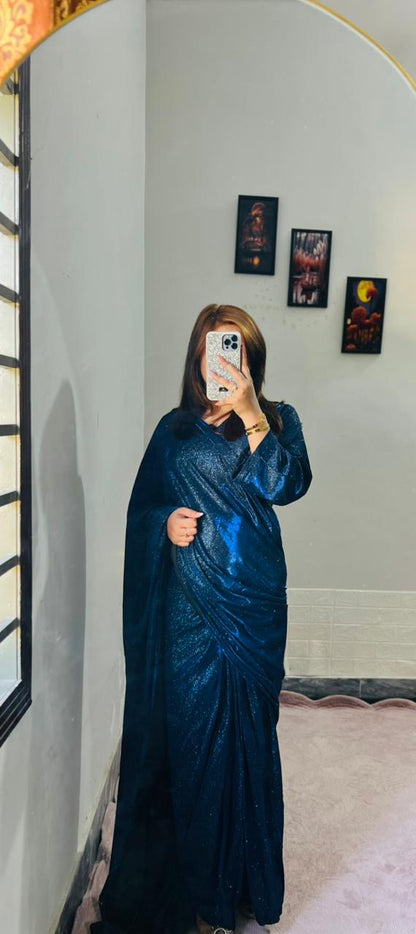 Starlight Shimmer Saree – Glitter Sequin Fabric with Matching V-Neck Blouse