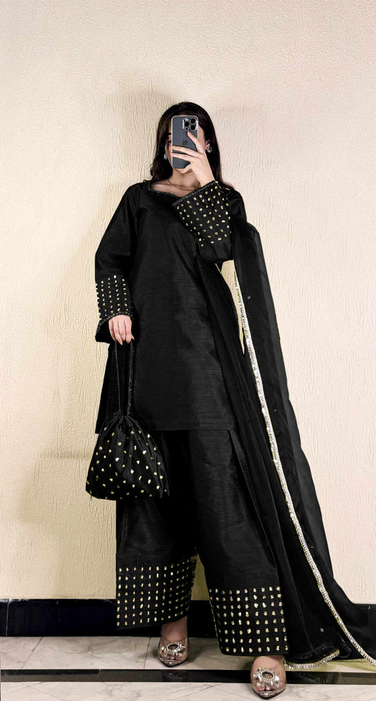 Zari-Embellished Raw Silk 3-Piece Kurta Set with Dupatta & Potli Bag