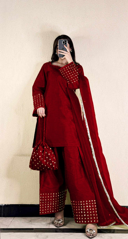 Zari-Embellished Raw Silk 3-Piece Kurta Set with Dupatta & Potli Bag