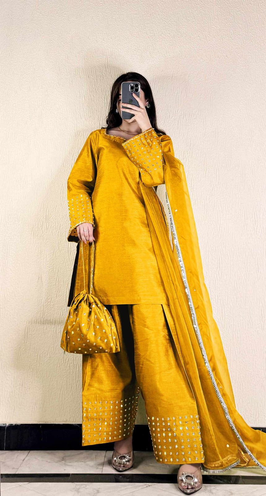 Zari-Embellished Raw Silk 3-Piece Kurta Set with Dupatta & Potli Bag