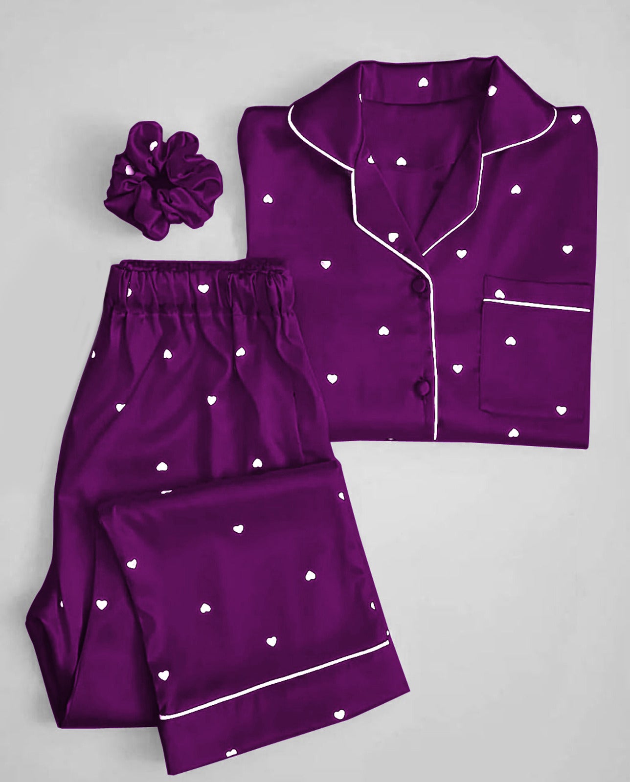 Sweetheart Satin Pajama Set | Luxury Printed Nightwear with Matching Scrunchie