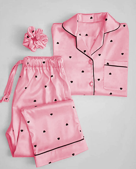 Sweetheart Satin Pajama Set | Luxury Printed Nightwear with Matching Scrunchie
