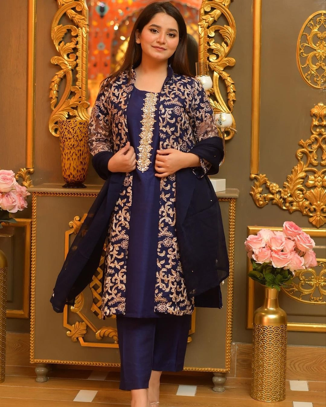 4 Pcs, Front Fully Embroidered Gown With Emb Inner, Plain Dupatta Trouser 4Piece