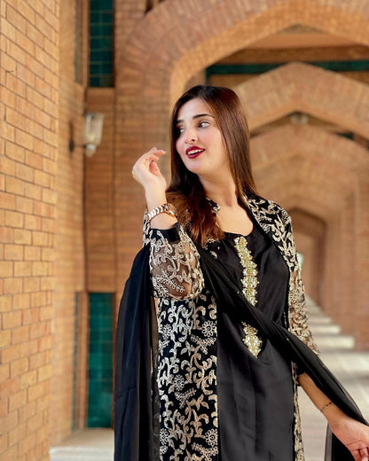 4 Pcs, Front Fully Embroidered Gown With Emb Inner, Plain Dupatta Trouser 4Piece