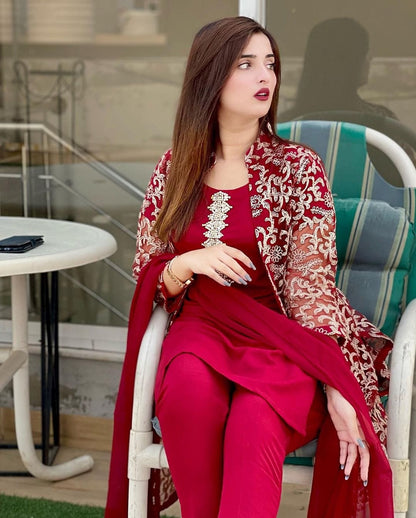 4 Pcs, Front Fully Embroidered Gown With Emb Inner, Plain Dupatta Trouser 4Piece