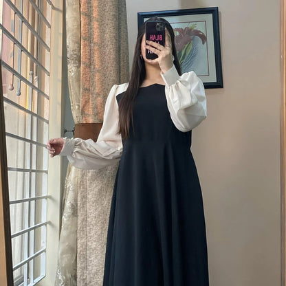 Elegant Two-Tone Puff Sleeve Maxi Dress - Modest High-Waist A-Line Gown