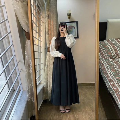 Elegant Two-Tone Puff Sleeve Maxi Dress - Modest High-Waist A-Line Gown