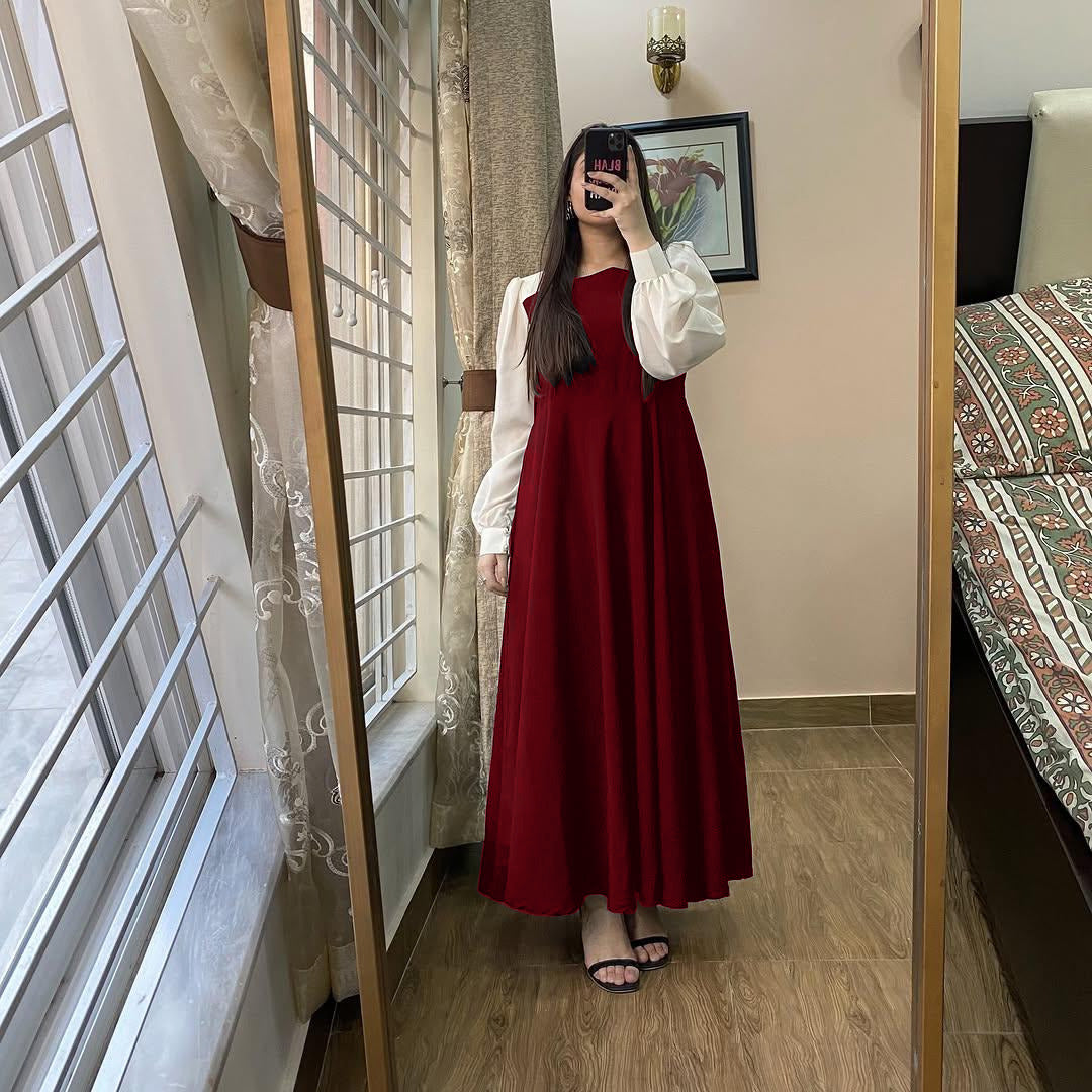 Elegant Two-Tone Puff Sleeve Maxi Dress - Modest High-Waist A-Line Gown