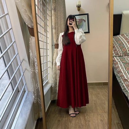Elegant Two-Tone Puff Sleeve Maxi Dress - Modest High-Waist A-Line Gown