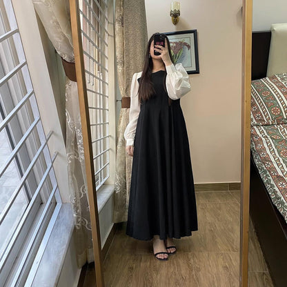 Elegant Two-Tone Puff Sleeve Maxi Dress - Modest High-Waist A-Line Gown