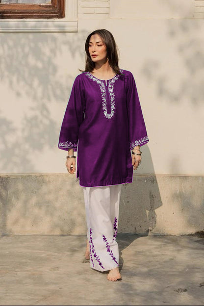 2-Piece Embroidered Cotton Shirt and Flapper Set - Dori Piping Work