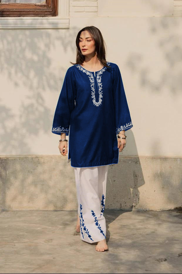 2-Piece Embroidered Cotton Shirt and Flapper Set - Dori Piping Work