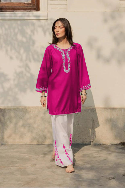 2-Piece Embroidered Cotton Shirt and Flapper Set - Dori Piping Work