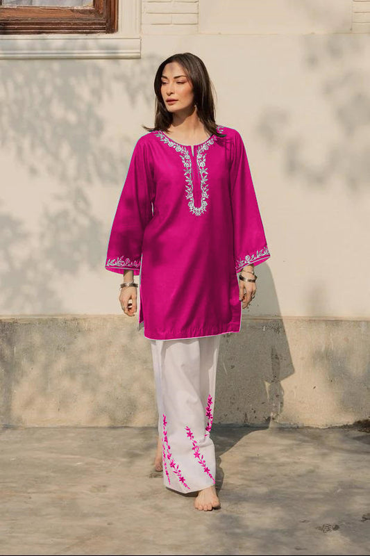 2-Piece Embroidered Cotton Shirt and Flapper Set - Dori Piping Work