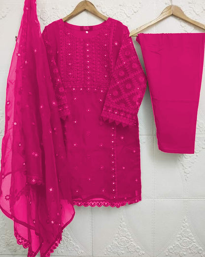 3-Piece Heavy Embroidered Organza Dress with Pearls