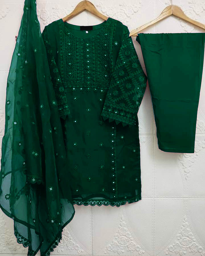 3-Piece Heavy Embroidered Organza Dress with Pearls