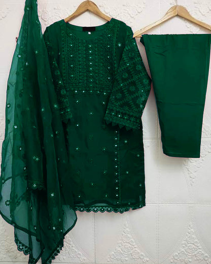 3-Piece Heavy Embroidered Organza Dress with Pearls