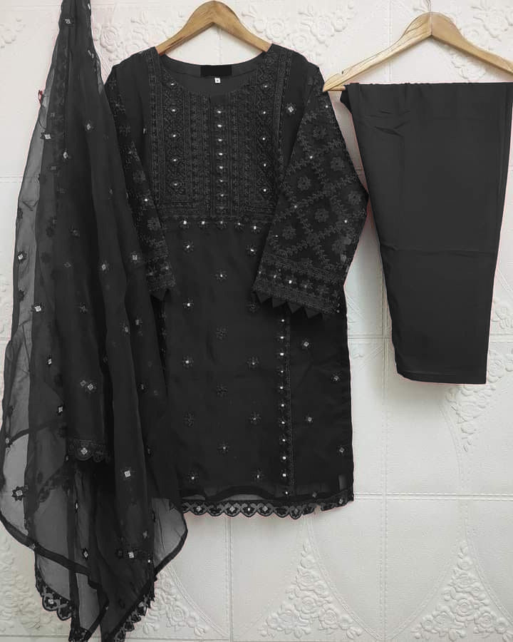 3-Piece Heavy Embroidered Organza Dress with Pearls
