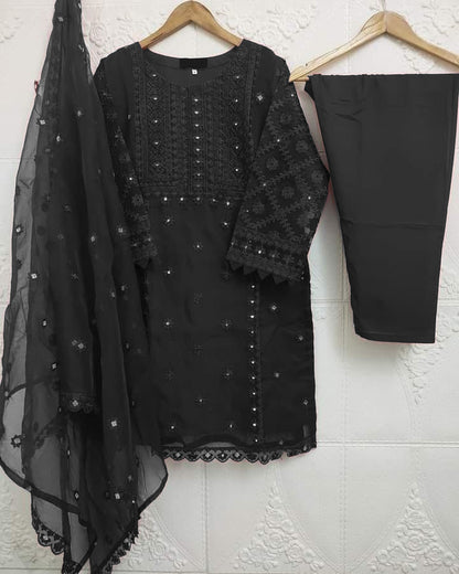 3-Piece Heavy Embroidered Organza Dress with Pearls
