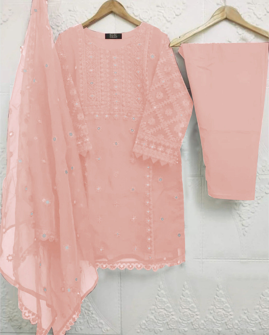 3-Piece Heavy Embroidered Organza Dress with Pearls