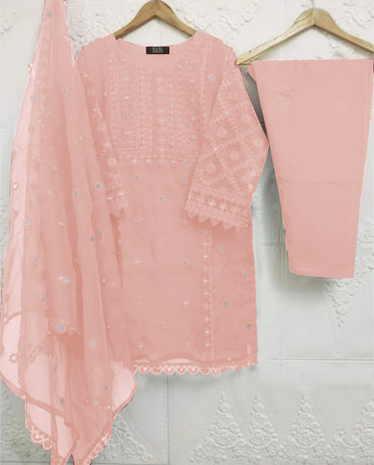 3-Piece Heavy Embroidered Organza Dress with Pearls