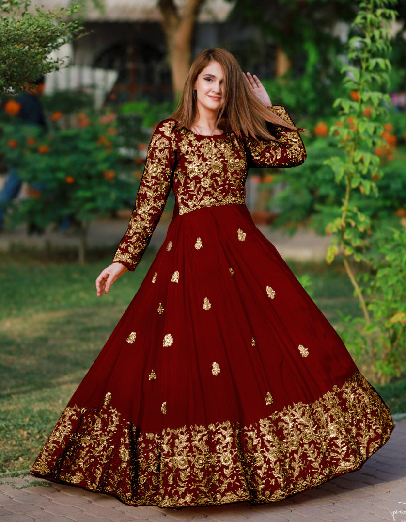 2-Piece Embroidered Silk Long Maxi & Trouser Set with Handwork