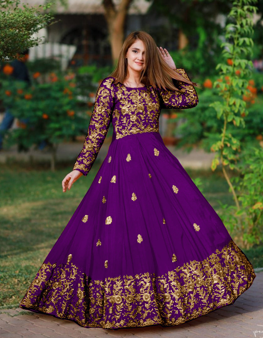 2-Piece Embroidered Silk Long Maxi & Trouser Set with Handwork