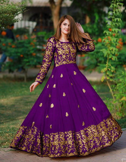 2-Piece Embroidered Silk Long Maxi & Trouser Set with Handwork