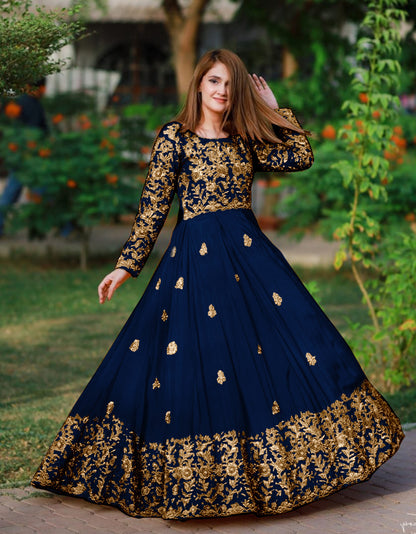 2-Piece Embroidered Silk Long Maxi & Trouser Set with Handwork