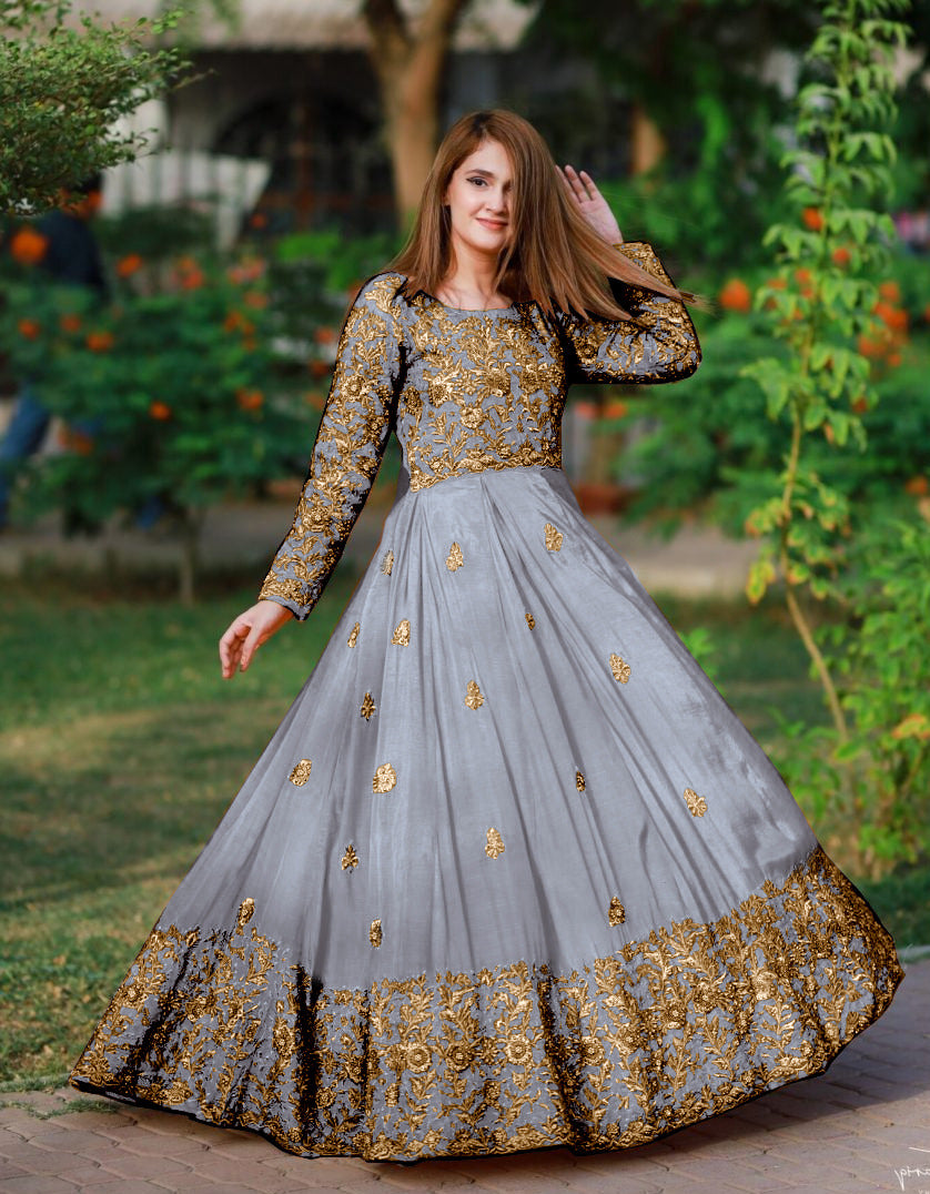 2-Piece Embroidered Silk Long Maxi & Trouser Set with Handwork