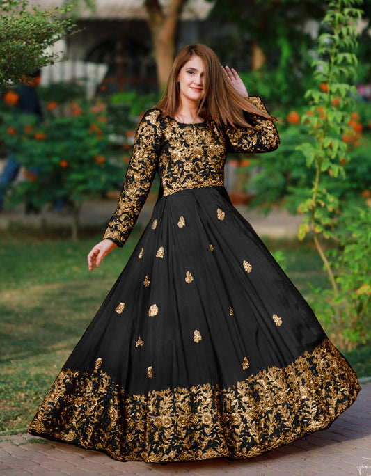 2-Piece Embroidered Silk Long Maxi & Trouser Set with Handwork