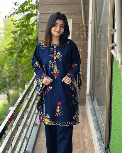 2-Piece Multi-Color Embroidered Linen Shirt & Trouser Set
