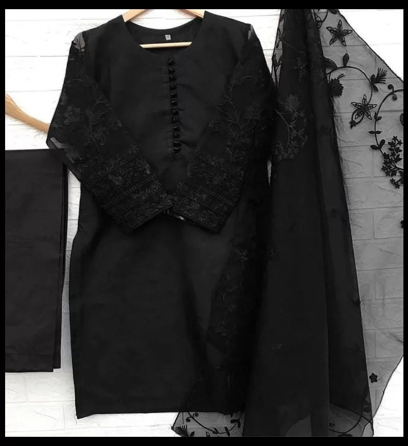 3-Piece Embroidered Organza Shirt with Embroidered Dupatta & Malai Trouser