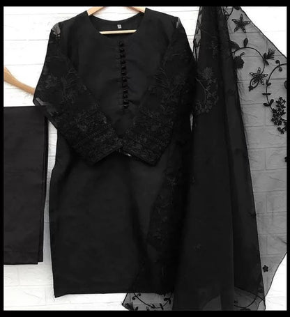 3-Piece Embroidered Organza Shirt with Embroidered Dupatta & Malai Trouser