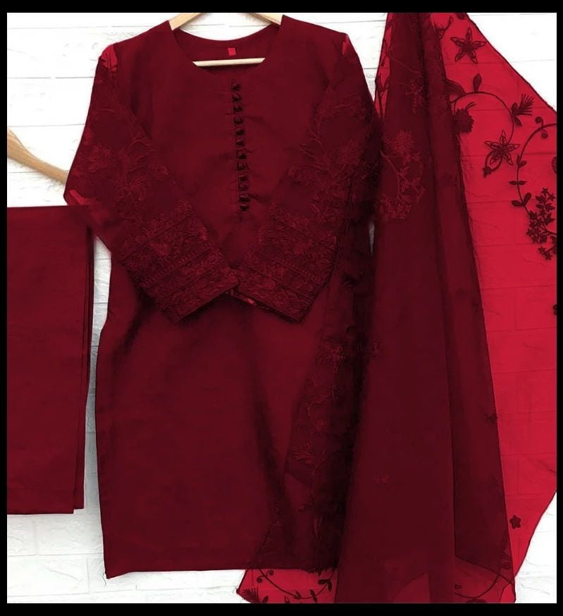 3-Piece Embroidered Organza Shirt with Embroidered Dupatta & Malai Trouser