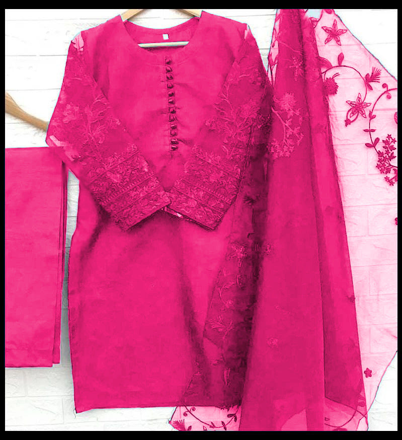 3-Piece Embroidered Organza Shirt with Embroidered Dupatta & Malai Trouser