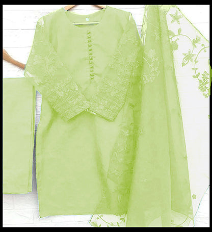 3-Piece Embroidered Organza Shirt with Embroidered Dupatta & Malai Trouser