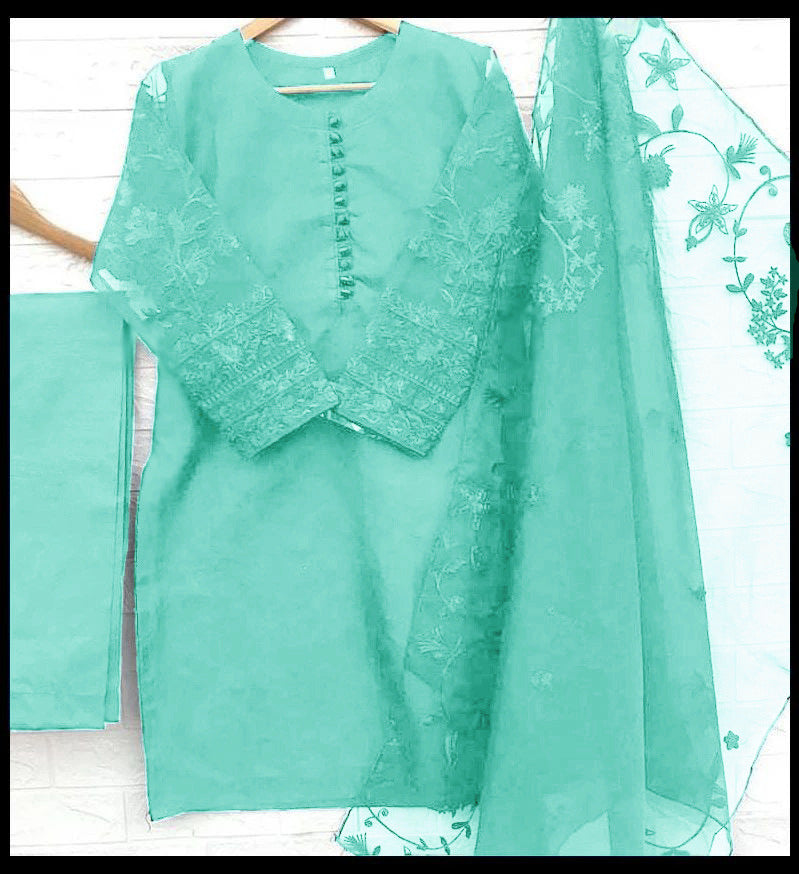 3-Piece Embroidered Organza Shirt with Embroidered Dupatta & Malai Trouser