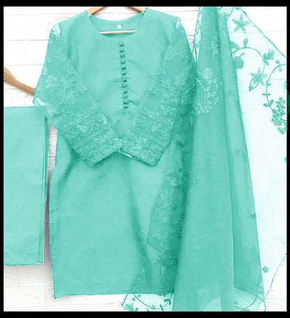 3-Piece Embroidered Organza Shirt with Embroidered Dupatta & Malai Trouser