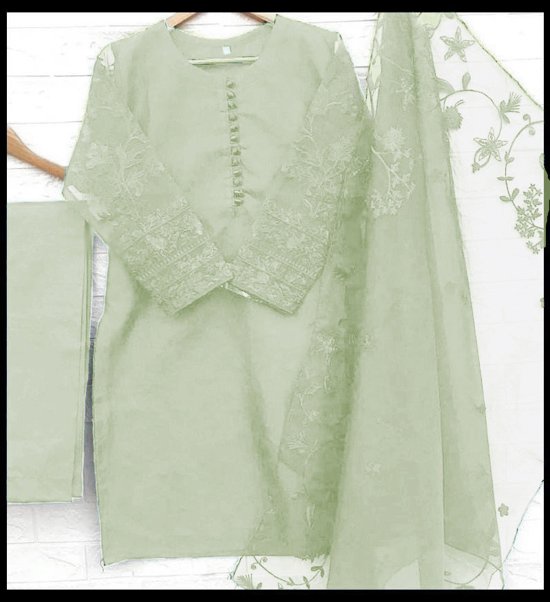 3-Piece Embroidered Organza Shirt with Embroidered Dupatta & Malai Trouser