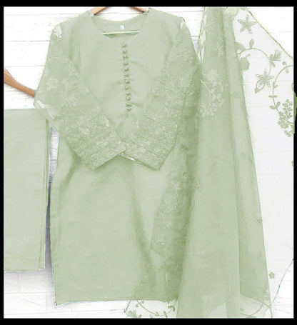 3-Piece Embroidered Organza Shirt with Embroidered Dupatta & Malai Trouser