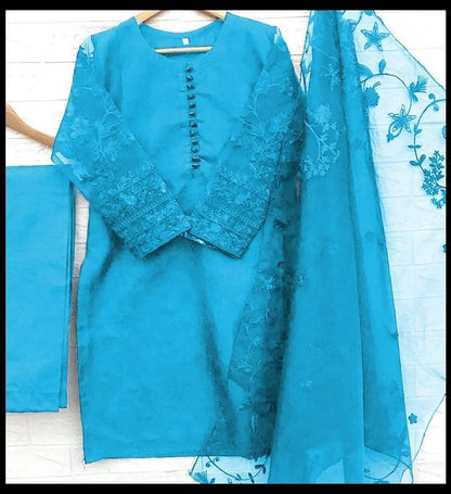 3-Piece Embroidered Organza Shirt with Embroidered Dupatta & Malai Trouser