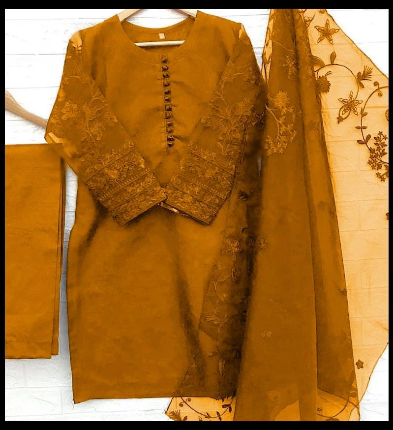 3-Piece Embroidered Organza Shirt with Embroidered Dupatta & Malai Trouser