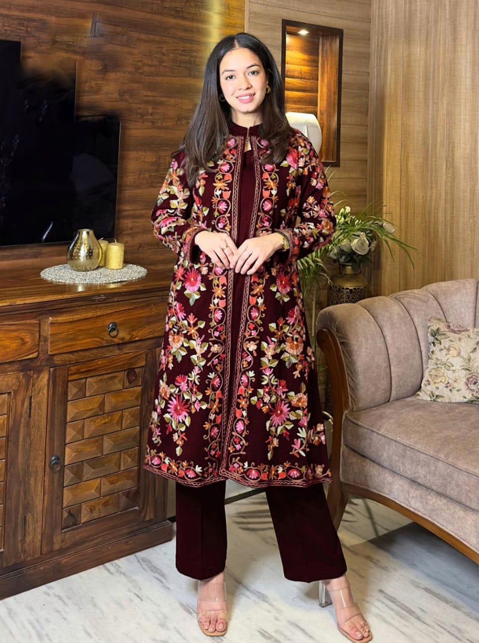 3-Piece Full Heavy Embroidered Shamose Silk Gown Set with Inner & Trouser