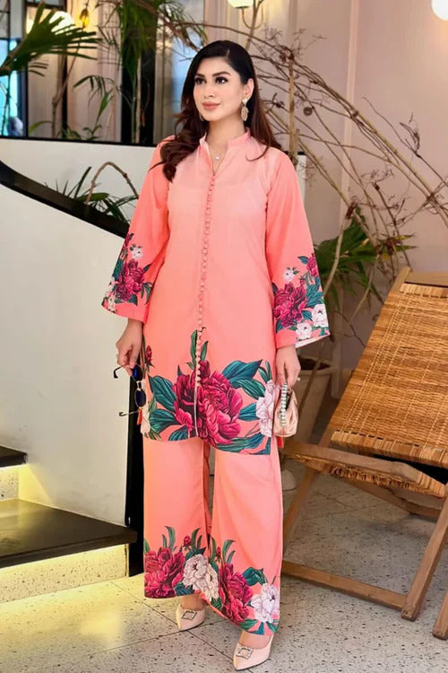 Digital Floral Printed Silk Co-Ord Set (2-Piece Shirt & Flapper)