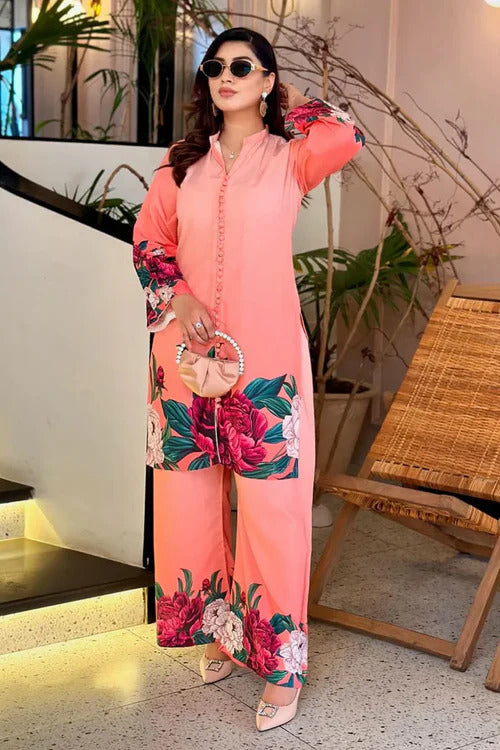 Digital Floral Printed Silk Co-Ord Set (2-Piece Shirt & Flapper)
