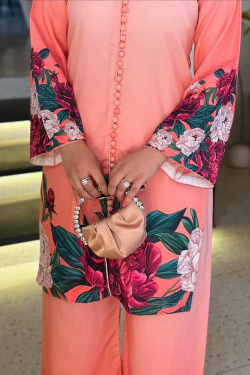 Digital Floral Printed Silk Co-Ord Set (2-Piece Shirt & Flapper)