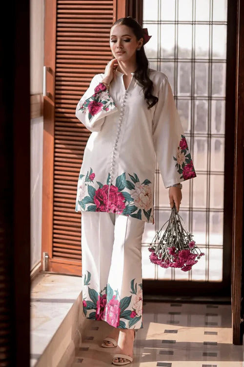Digital Floral Printed Silk Co-Ord Set (2-Piece Shirt & Flapper)