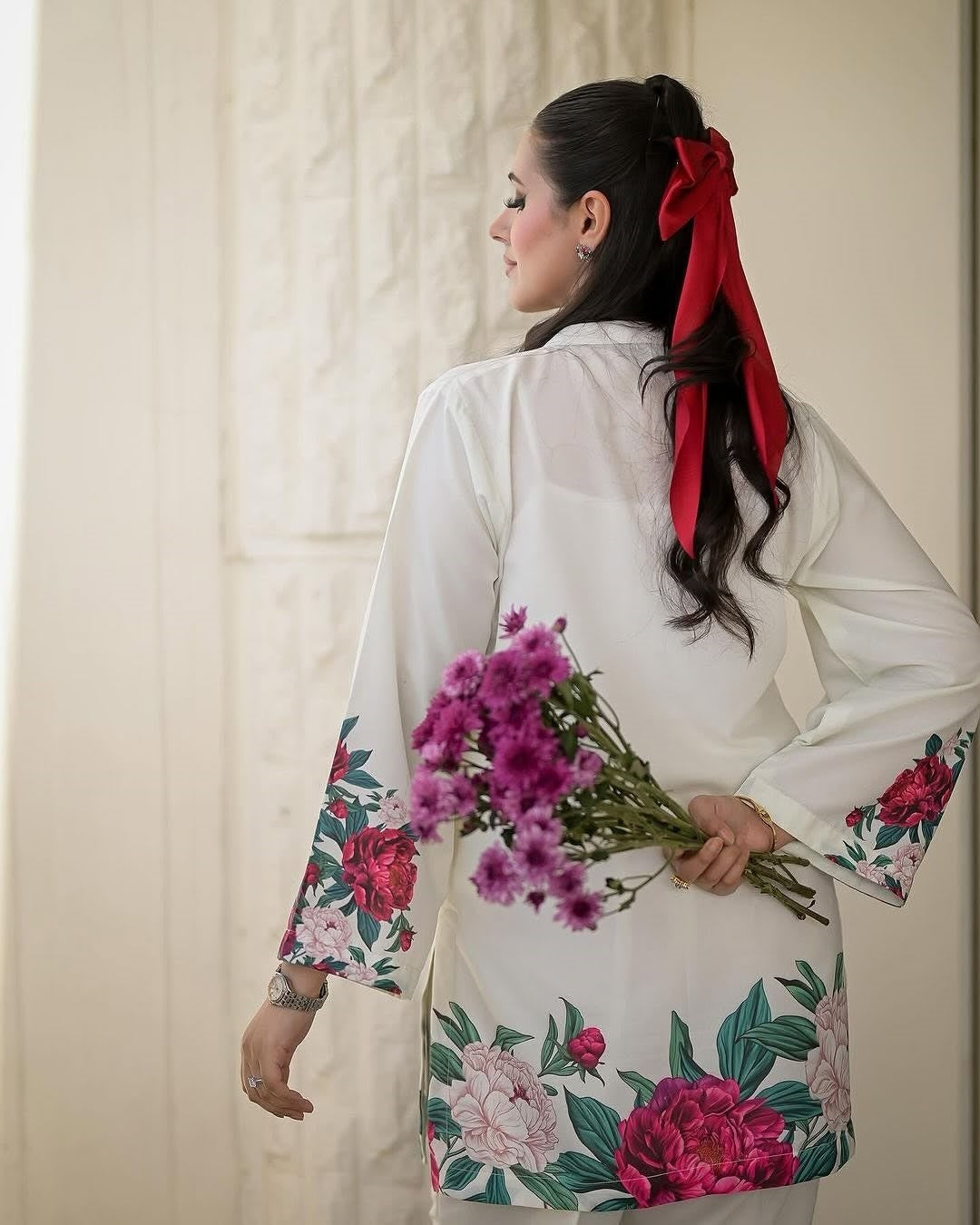 Digital Floral Printed Silk Co-Ord Set (2-Piece Shirt & Flapper)