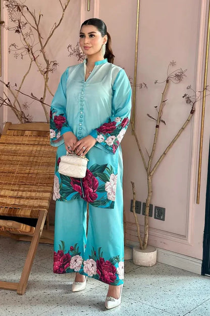 Digital Floral Printed Silk Co-Ord Set (2-Piece Shirt & Flapper)